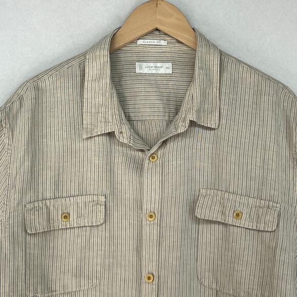 LUCKY BRAND Shirt Mens 2XL Striped Short Sleeve Classic Utility Button Up Beige - Picture 4 of 12